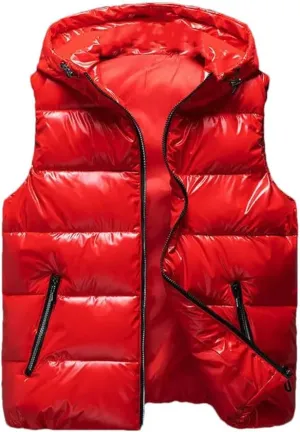 Mens Thicken Hooded Vest Winter Warm Cotton-Padded Solid Color Waistcoat Water-Resistant Windprrof Zipper Vest Coats