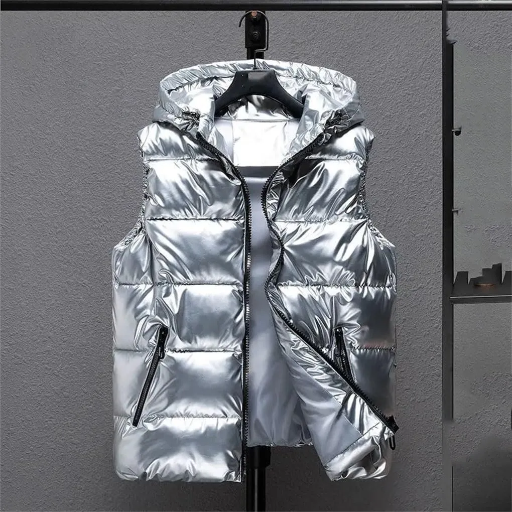 Mens Thicken Hooded Vest Winter Warm Cotton-Padded Solid Color Waistcoat Water-Resistant Windprrof Zipper Vest Coats