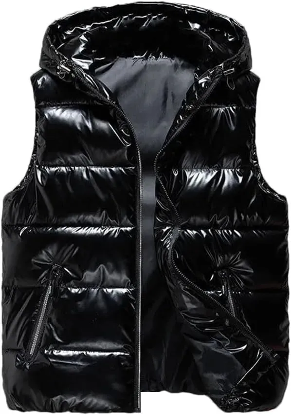 Mens Thicken Hooded Vest Winter Warm Cotton-Padded Solid Color Waistcoat Water-Resistant Windprrof Zipper Vest Coats