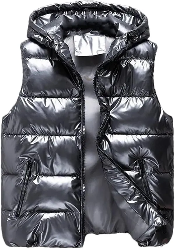 Mens Thicken Hooded Vest Winter Warm Cotton-Padded Solid Color Waistcoat Water-Resistant Windprrof Zipper Vest Coats