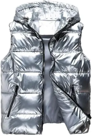 Mens Thicken Hooded Vest Winter Warm Cotton-Padded Solid Color Waistcoat Water-Resistant Windprrof Zipper Vest Coats