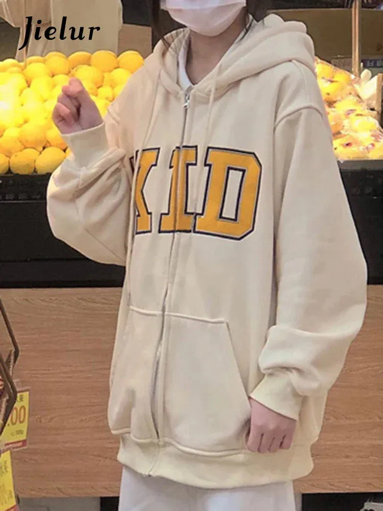 Metaversmall Apricot Loose Women Hoodies Zip-up Letter Printed Casual Streetwear Pockets Chic Fashion Winter Basic Female Sweatshirts
