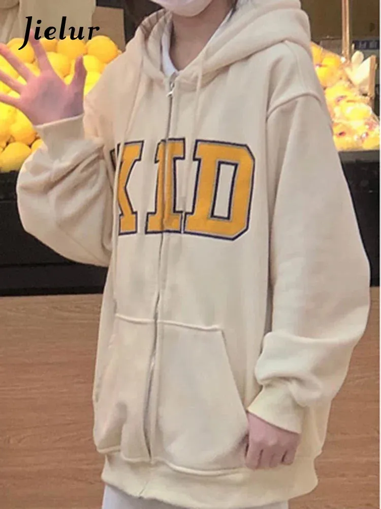 Metaversmall Apricot Loose Women Hoodies Zip-up Letter Printed Casual Streetwear Pockets Chic Fashion Winter Basic Female Sweatshirts