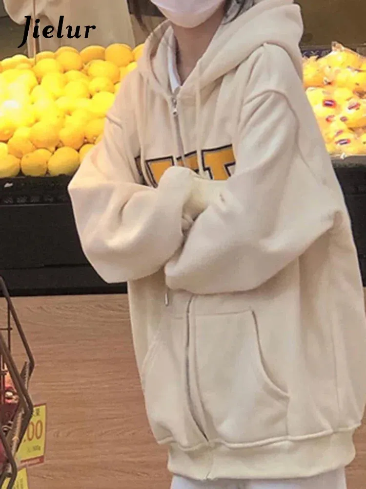 Metaversmall Apricot Loose Women Hoodies Zip-up Letter Printed Casual Streetwear Pockets Chic Fashion Winter Basic Female Sweatshirts