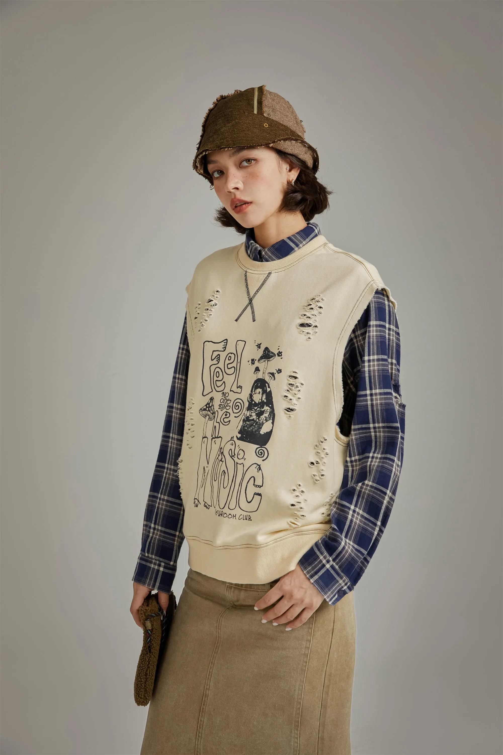 Music Distressed Printed Loose Vest