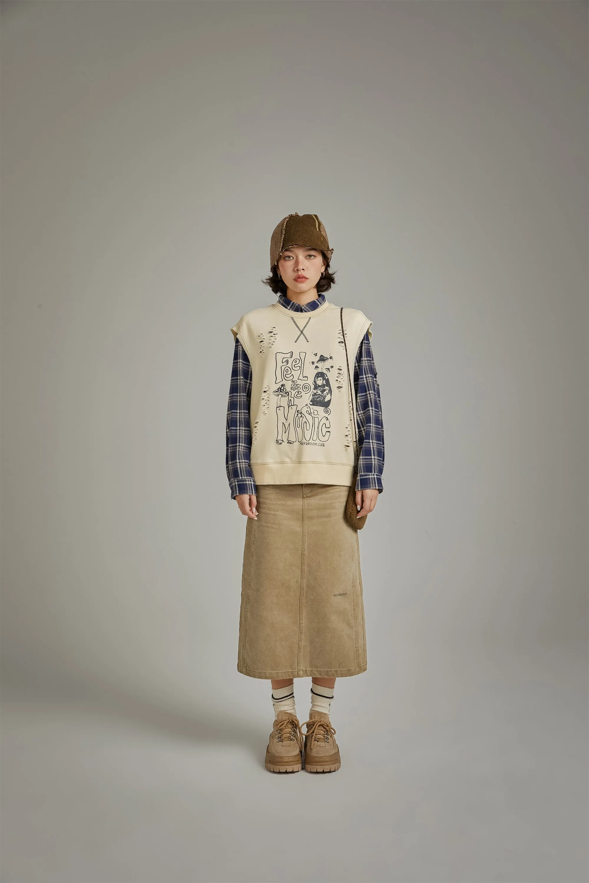Music Distressed Printed Loose Vest