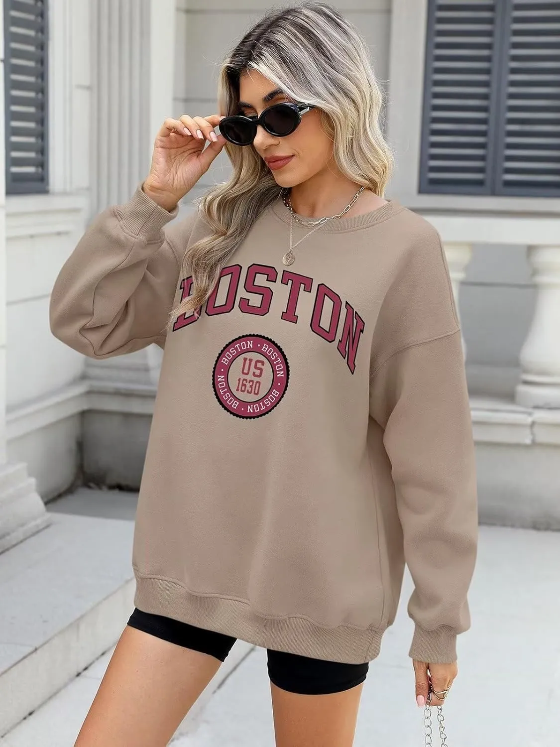 ORANDESIGNE Womens Oversized Letter Print Sweatshirt Fleece Graphic Crewneck Pullover Long Sleeve Casual Sweaters