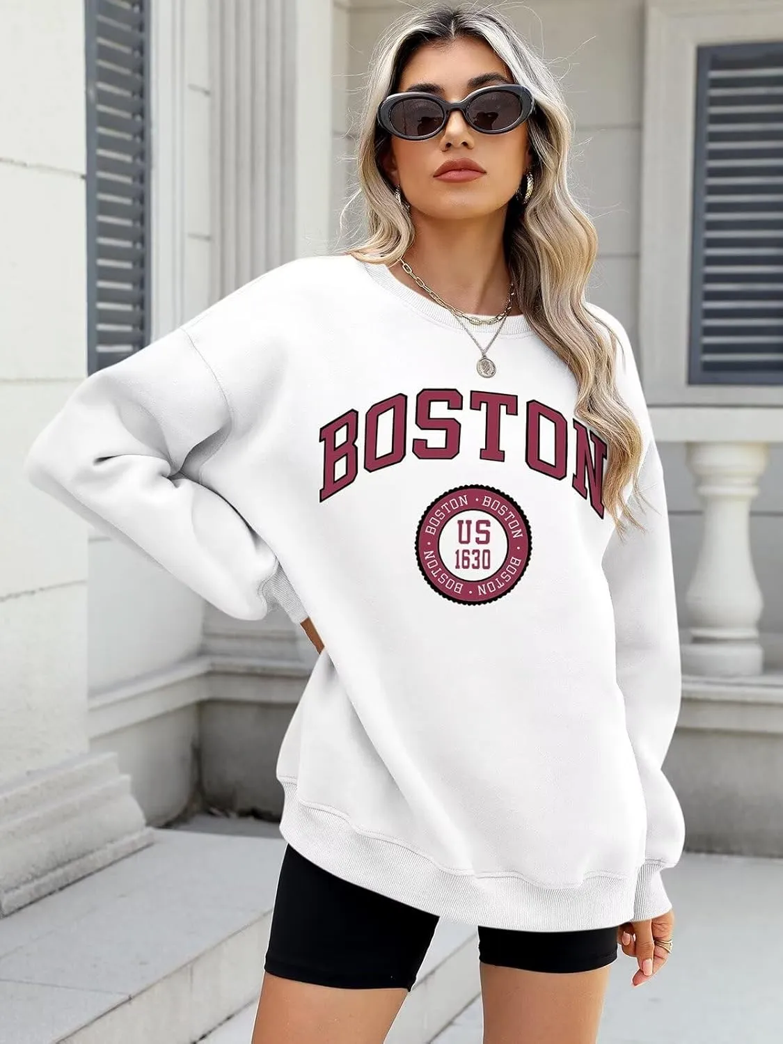 ORANDESIGNE Womens Oversized Letter Print Sweatshirt Fleece Graphic Crewneck Pullover Long Sleeve Casual Sweaters
