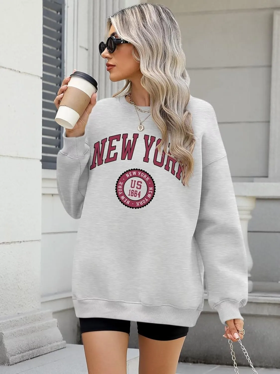 ORANDESIGNE Womens Oversized Letter Print Sweatshirt Fleece Graphic Crewneck Pullover Long Sleeve Casual Sweaters