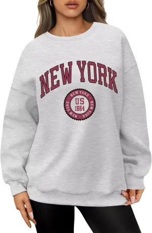 ORANDESIGNE Womens Oversized Letter Print Sweatshirt Fleece Graphic Crewneck Pullover Long Sleeve Casual Sweaters