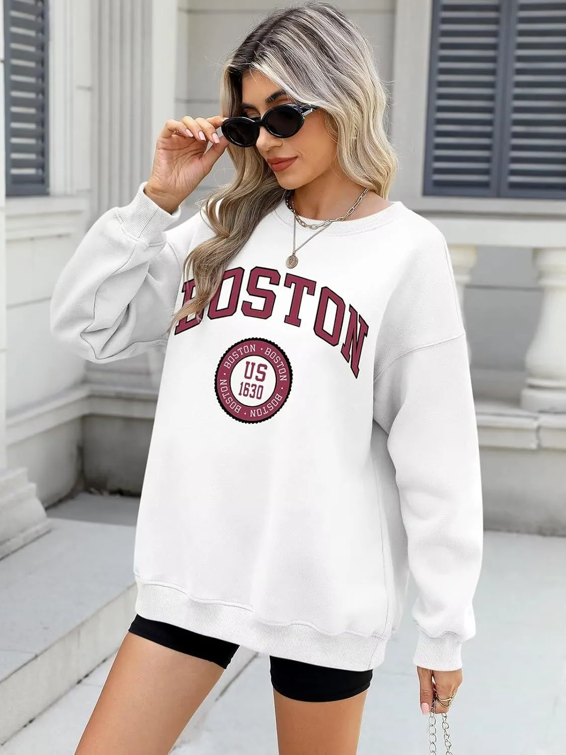 ORANDESIGNE Womens Oversized Letter Print Sweatshirt Fleece Graphic Crewneck Pullover Long Sleeve Casual Sweaters