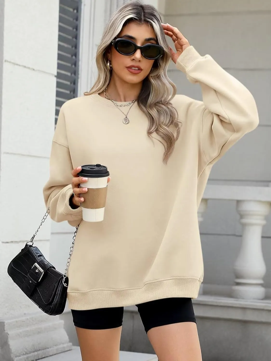 ORANDESIGNE Womens Oversized Letter Print Sweatshirt Fleece Graphic Crewneck Pullover Long Sleeve Casual Sweaters