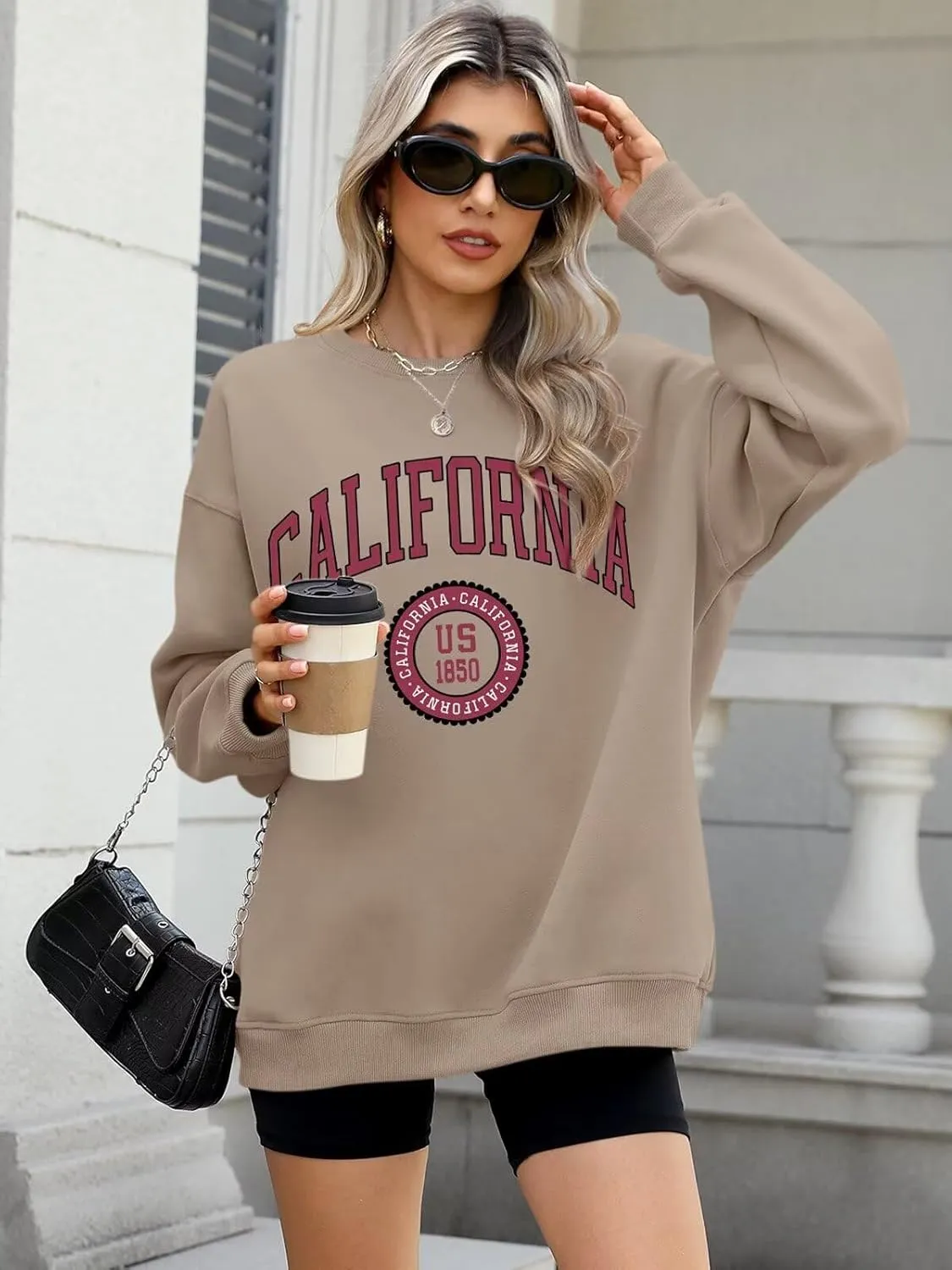 ORANDESIGNE Womens Oversized Letter Print Sweatshirt Fleece Graphic Crewneck Pullover Long Sleeve Casual Sweaters