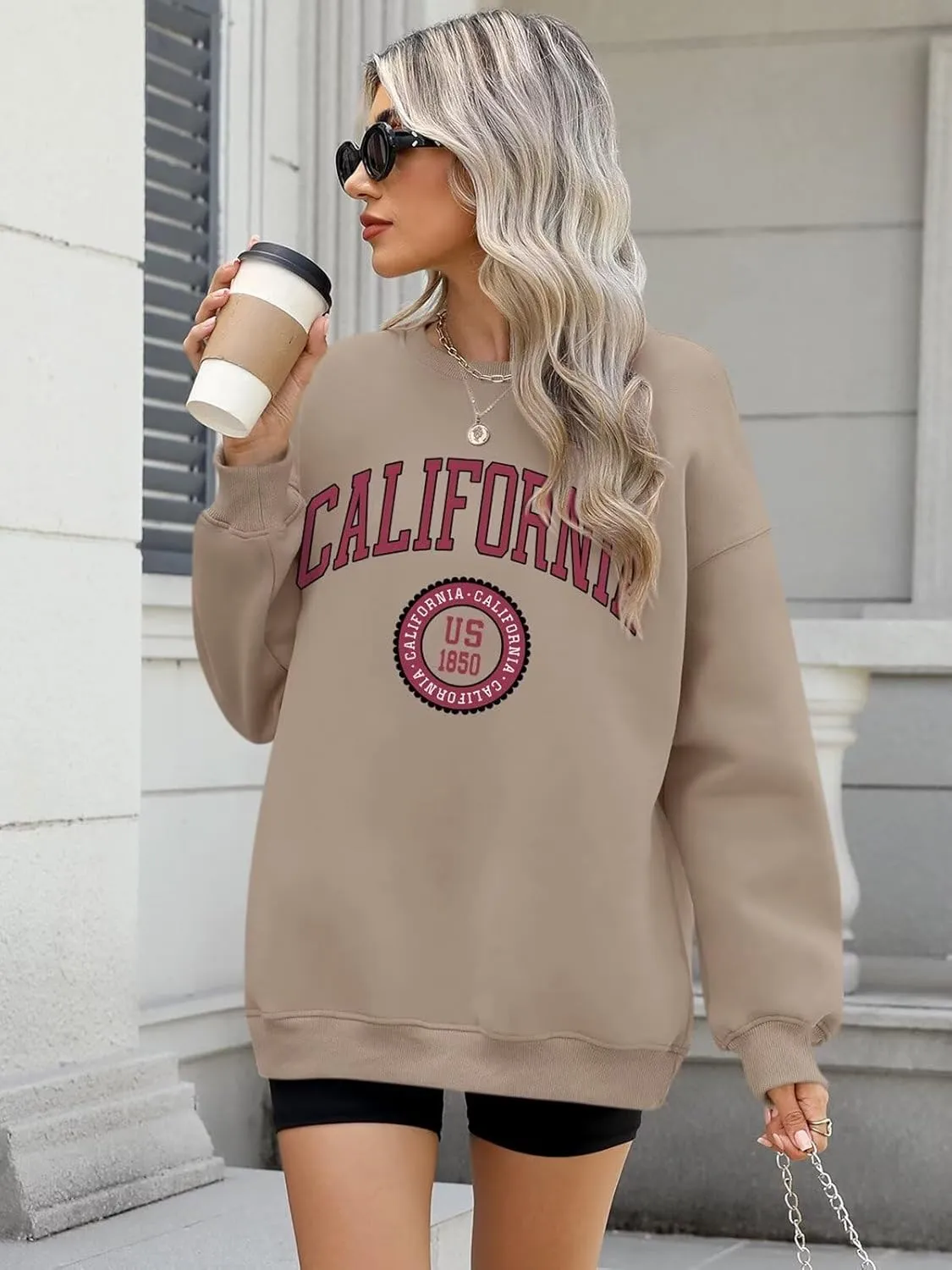 ORANDESIGNE Womens Oversized Letter Print Sweatshirt Fleece Graphic Crewneck Pullover Long Sleeve Casual Sweaters