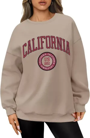 ORANDESIGNE Womens Oversized Letter Print Sweatshirt Fleece Graphic Crewneck Pullover Long Sleeve Casual Sweaters