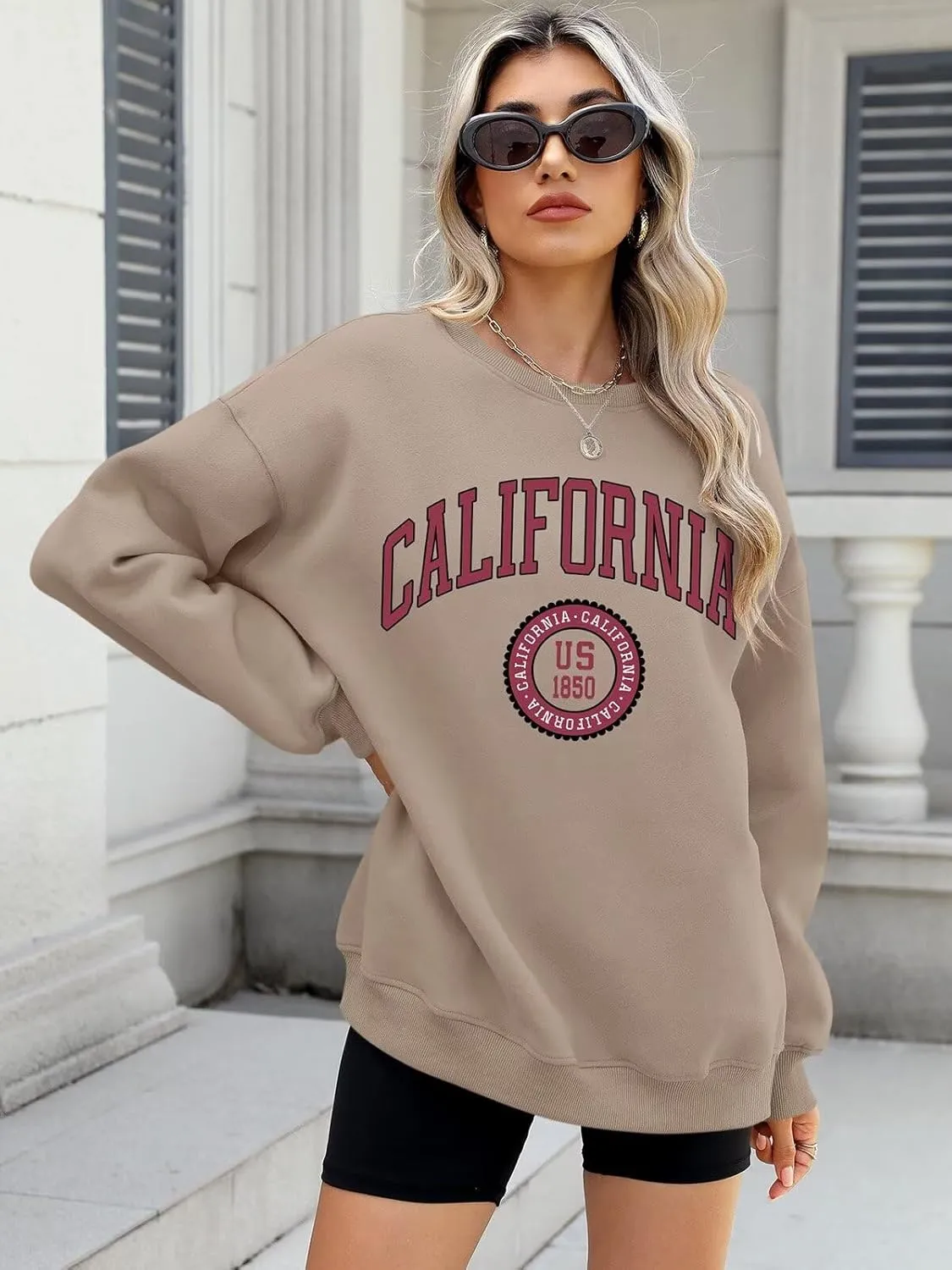 ORANDESIGNE Womens Oversized Letter Print Sweatshirt Fleece Graphic Crewneck Pullover Long Sleeve Casual Sweaters