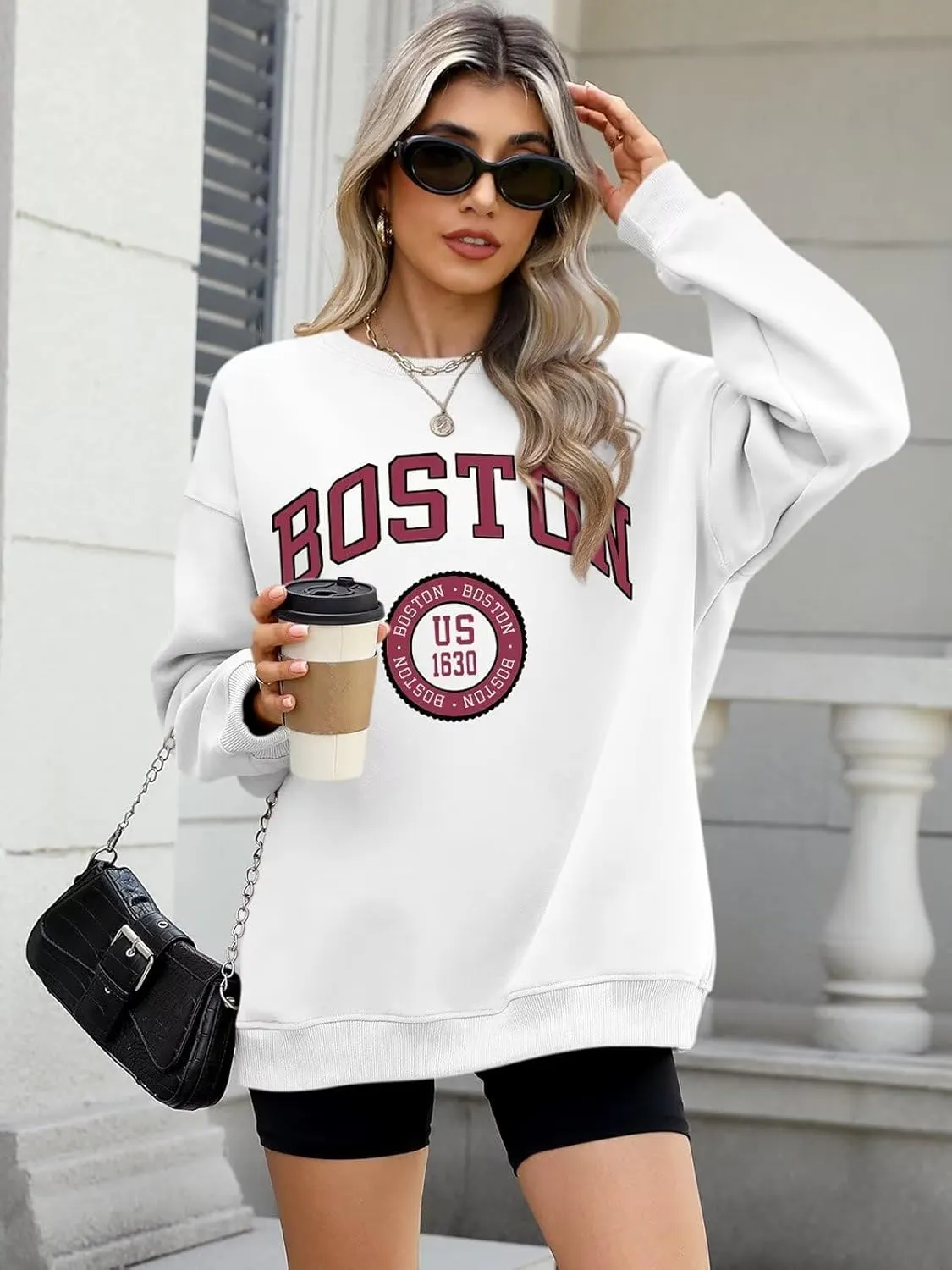 ORANDESIGNE Womens Oversized Letter Print Sweatshirt Fleece Graphic Crewneck Pullover Long Sleeve Casual Sweaters