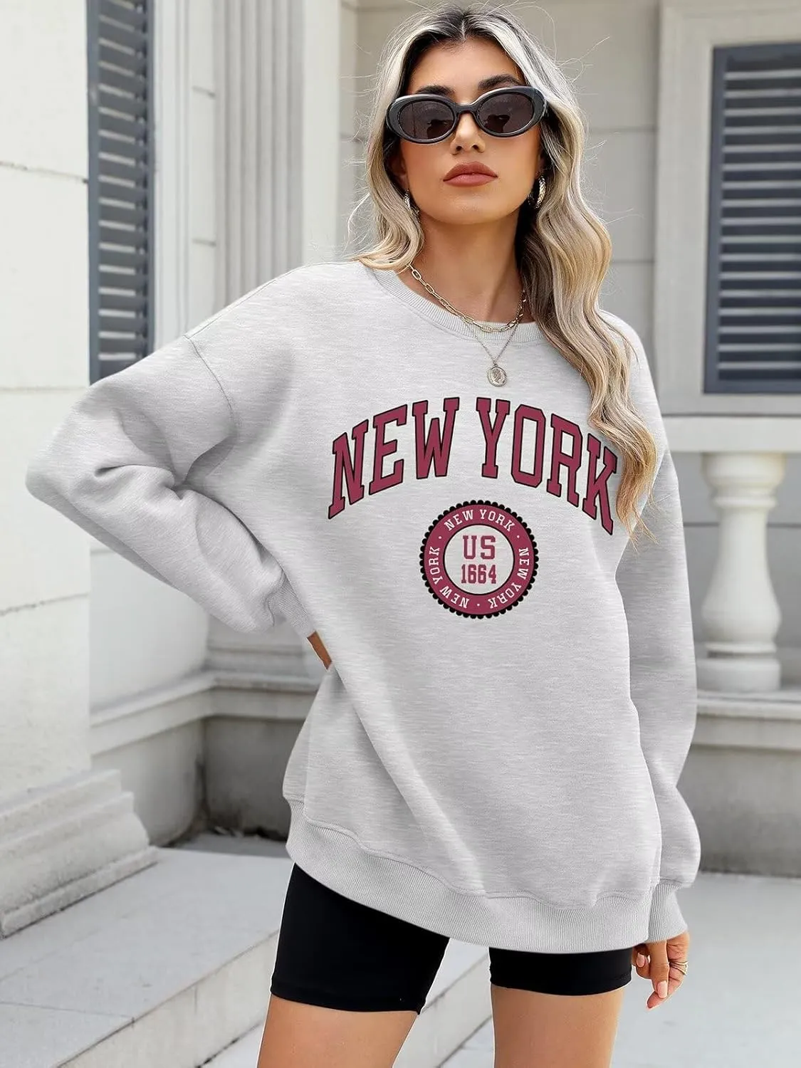 ORANDESIGNE Womens Oversized Letter Print Sweatshirt Fleece Graphic Crewneck Pullover Long Sleeve Casual Sweaters