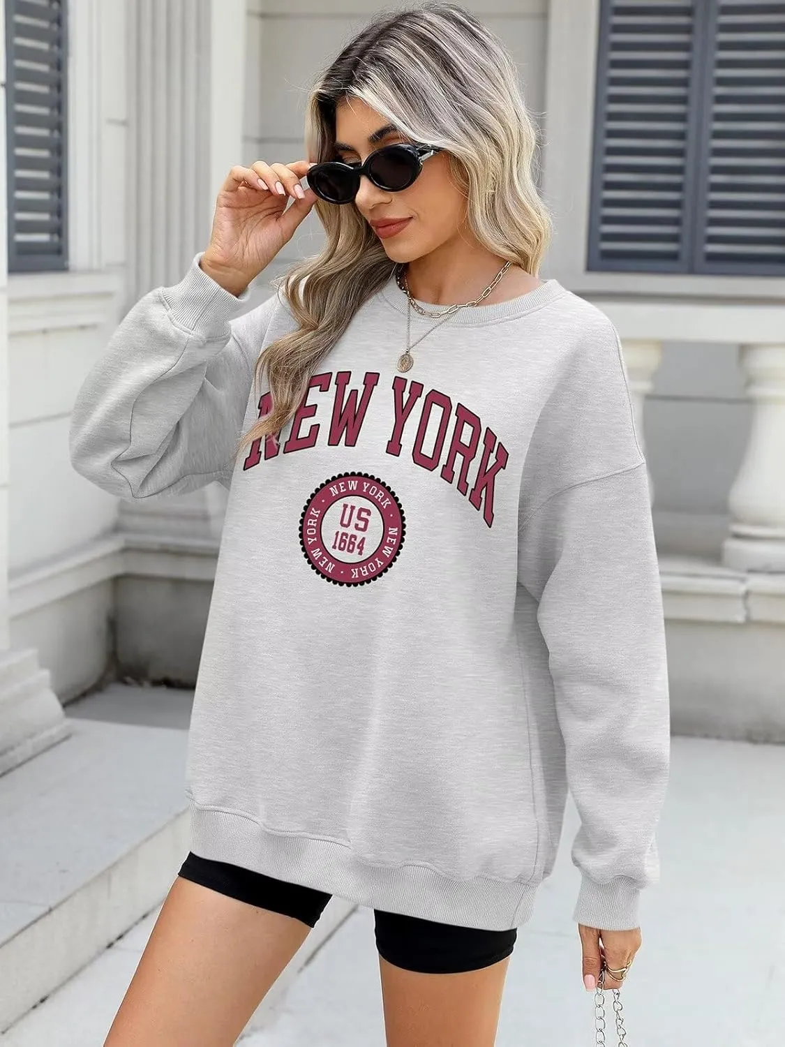 ORANDESIGNE Womens Oversized Letter Print Sweatshirt Fleece Graphic Crewneck Pullover Long Sleeve Casual Sweaters