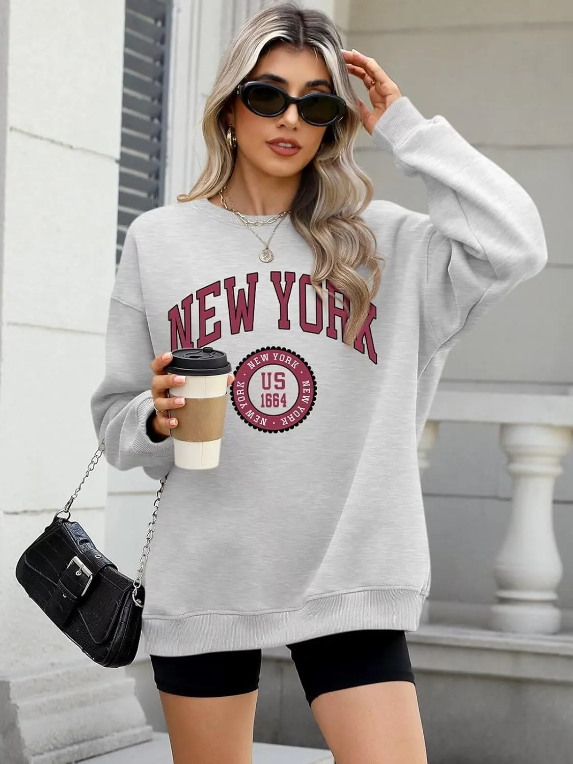 ORANDESIGNE Womens Oversized Letter Print Sweatshirt Fleece Graphic Crewneck Pullover Long Sleeve Casual Sweaters