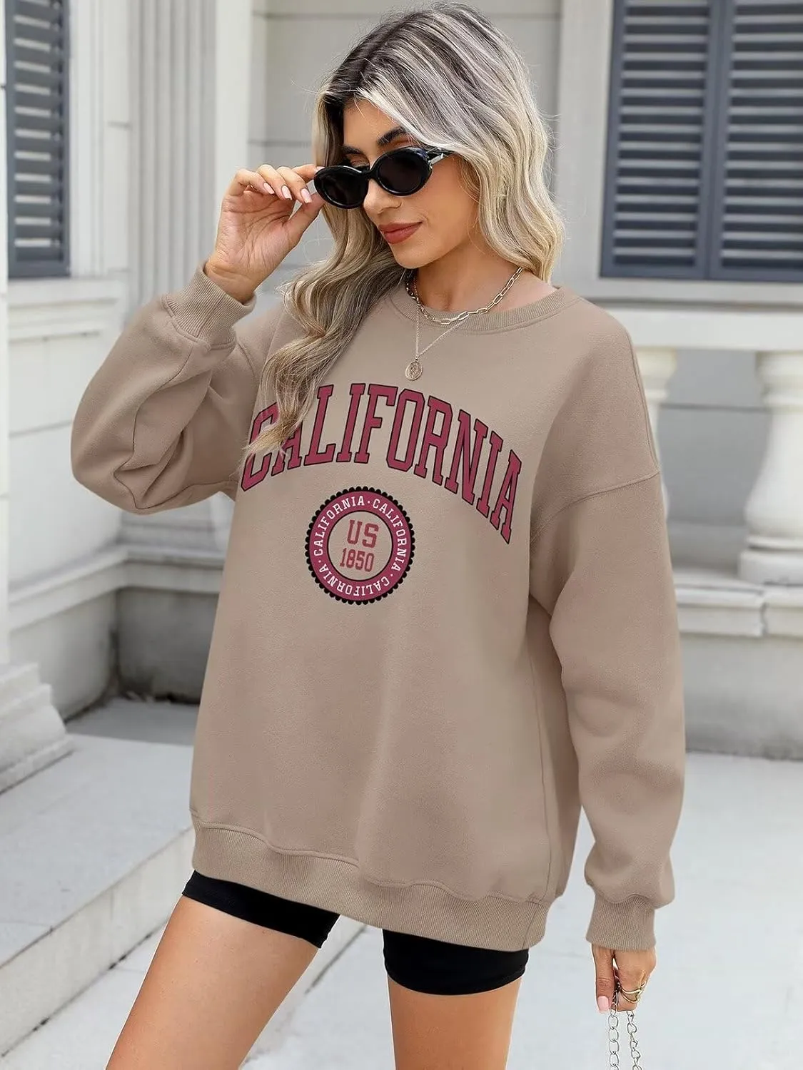 ORANDESIGNE Womens Oversized Letter Print Sweatshirt Fleece Graphic Crewneck Pullover Long Sleeve Casual Sweaters