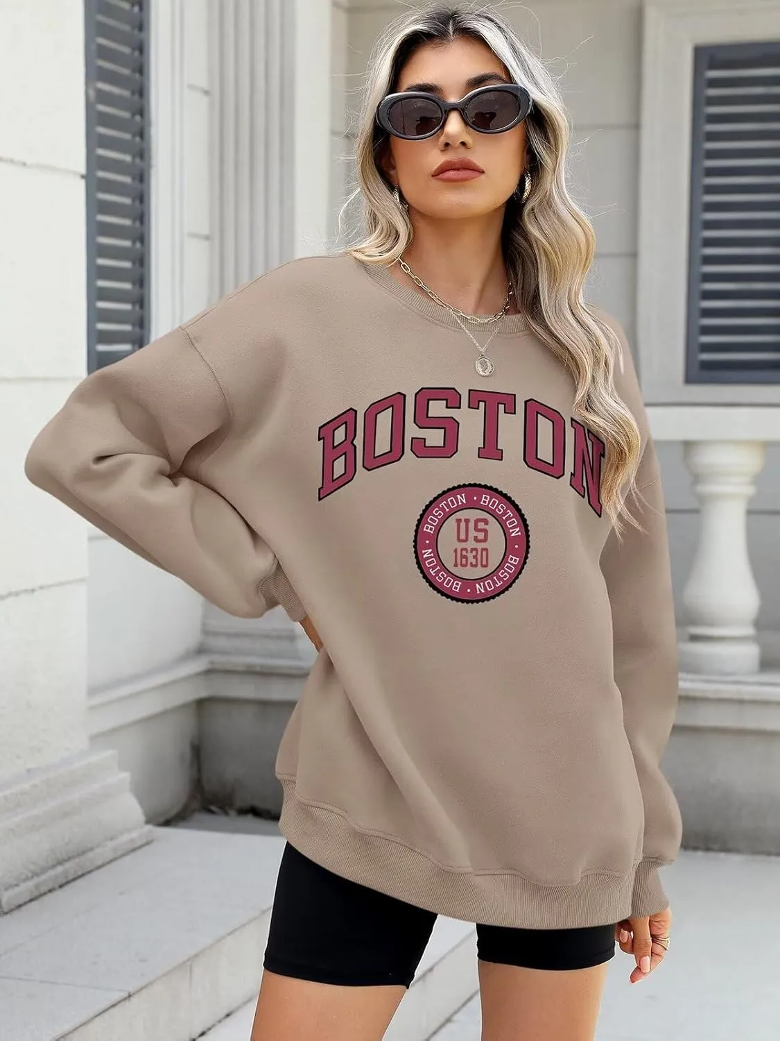 ORANDESIGNE Womens Oversized Letter Print Sweatshirt Fleece Graphic Crewneck Pullover Long Sleeve Casual Sweaters