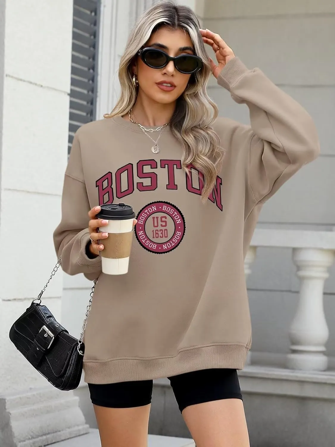 ORANDESIGNE Womens Oversized Letter Print Sweatshirt Fleece Graphic Crewneck Pullover Long Sleeve Casual Sweaters