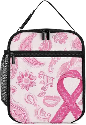 Paisley Breast Cancer Ribbon Lunch Bag for Men Women Small Reusable Leakproof Insulated Lunch Box Adjustable Handbag