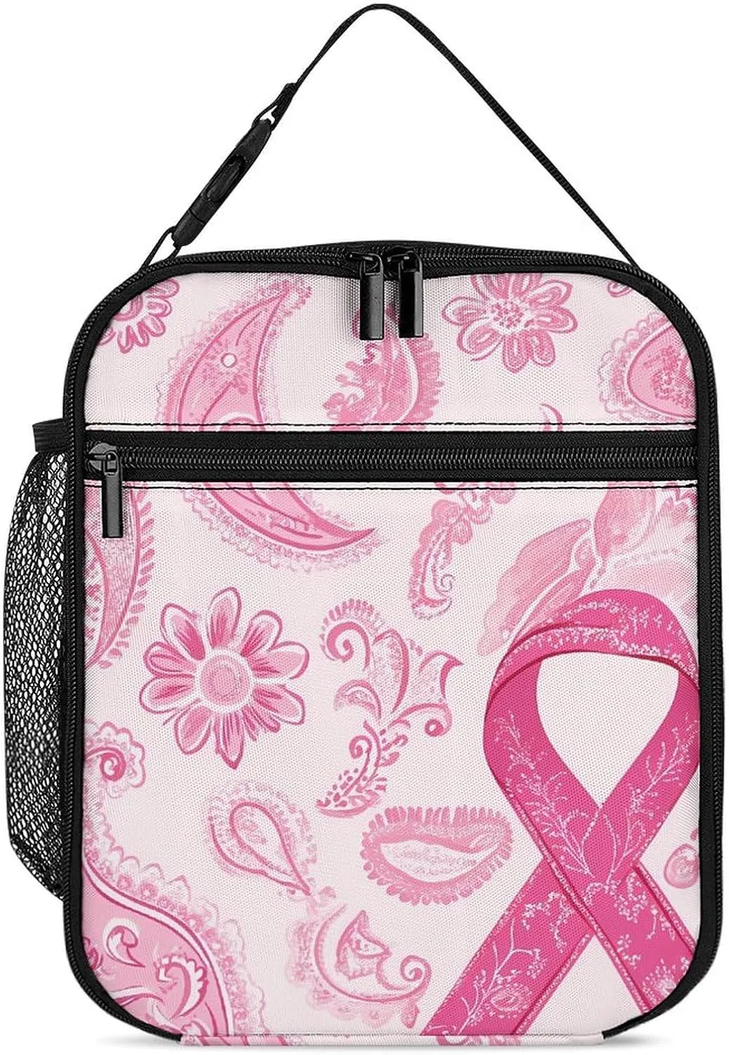 Paisley Breast Cancer Ribbon Lunch Bag for Men Women Small Reusable Leakproof Insulated Lunch Box Adjustable Handbag