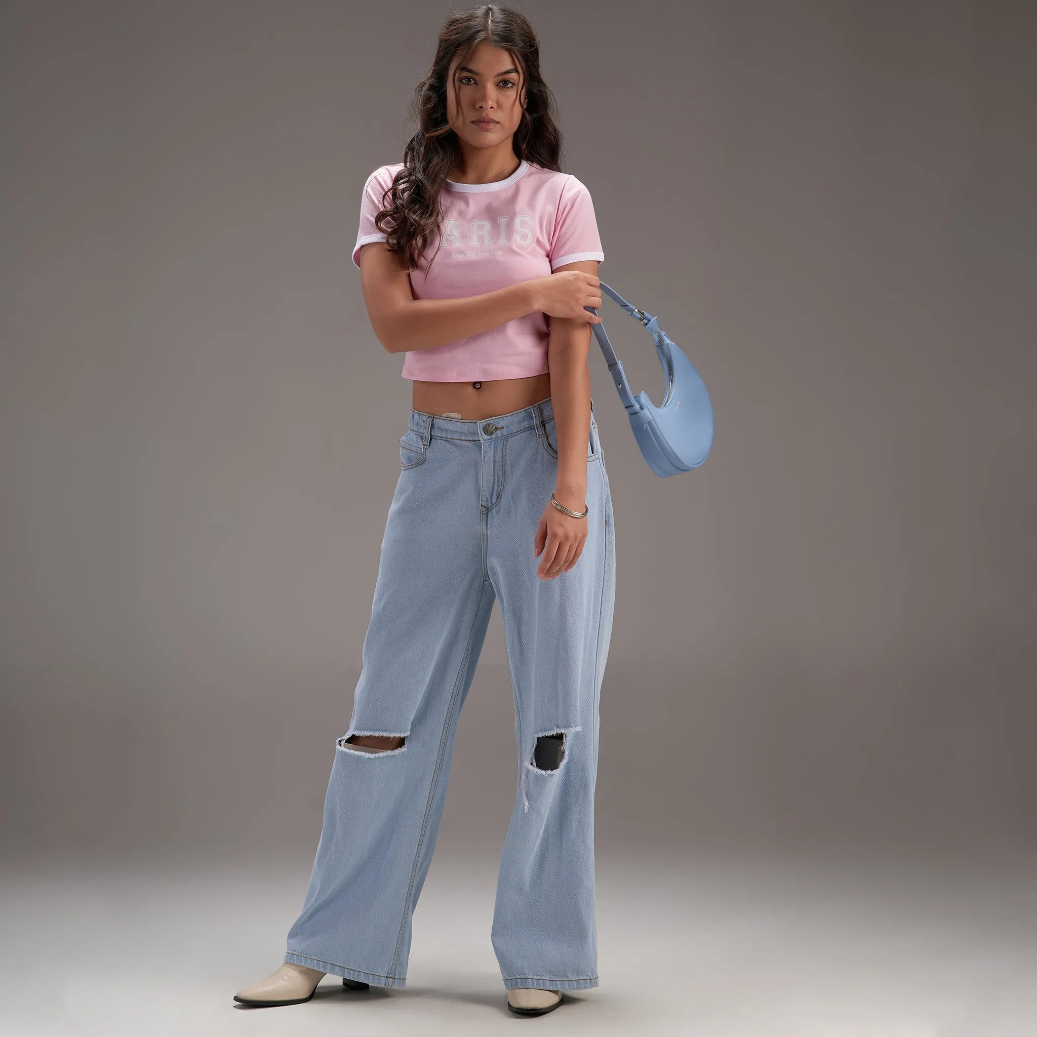 " Varsity Paris" Pink Cropped Fitted Baby Tee