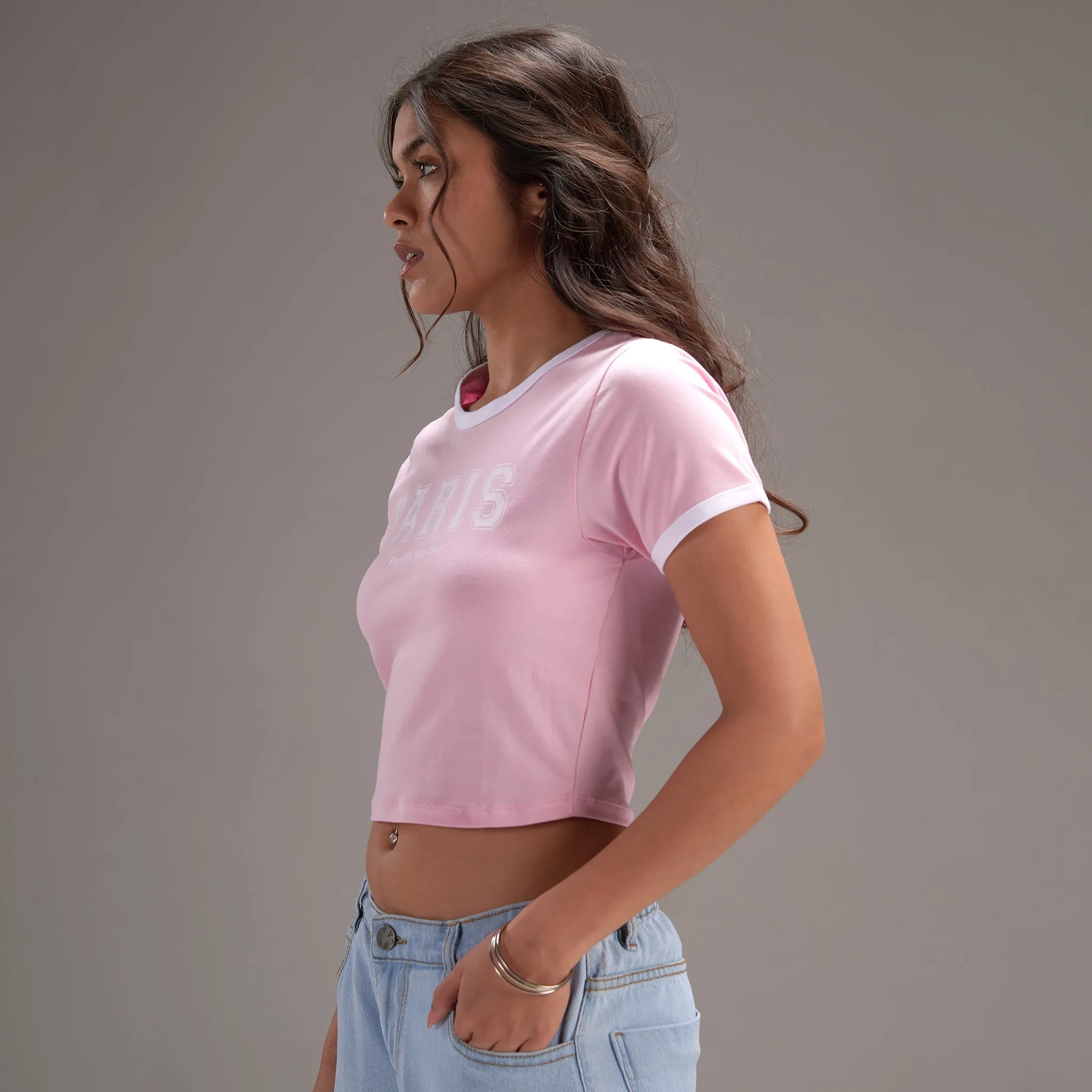" Varsity Paris" Pink Cropped Fitted Baby Tee