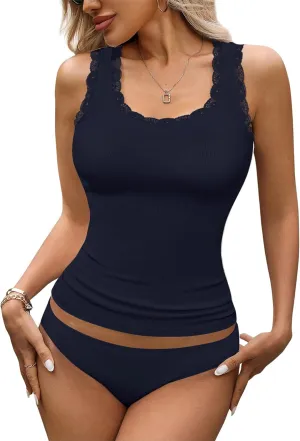 Rooscier Women's Lace Camisole Tank Tops Soft Stretch Ribbed Modal Cami Undershirt
