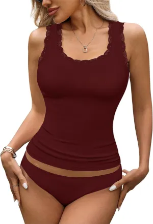 Rooscier Women's Lace Camisole Tank Tops Soft Stretch Ribbed Modal Cami Undershirt