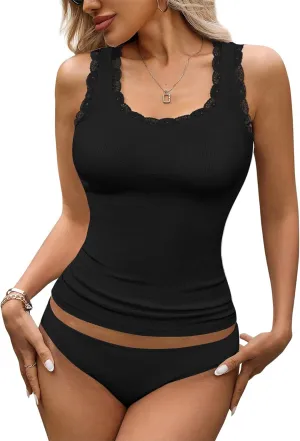 Rooscier Women's Lace Camisole Tank Tops Soft Stretch Ribbed Modal Cami Undershirt
