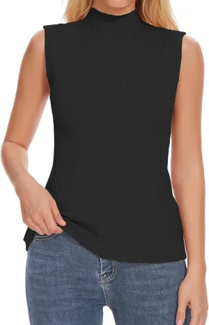 Sleeveless Mock Neck Tops for Women Soft Form Fitting Knit Vest Sleeveless Tops