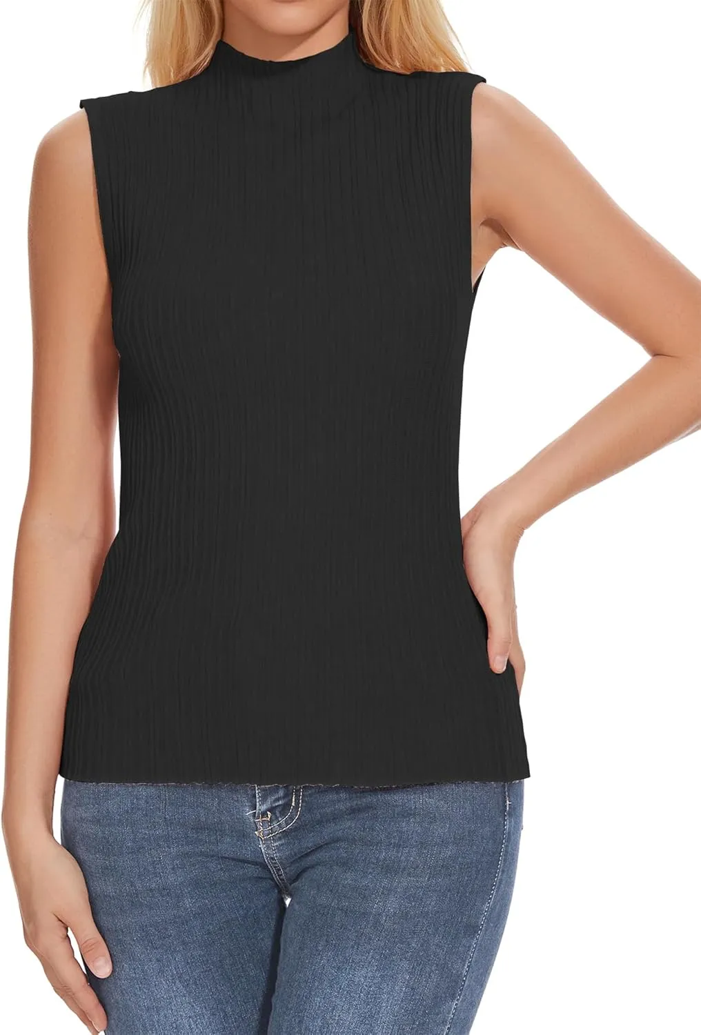Sleeveless Mock Neck Tops for Women Soft Form Fitting Knit Vest Sleeveless Tops