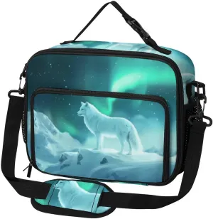 Snow Wolf with Aurora Borealis Large Insulated Lunch Bag Reusable Lunch Cooler Bags Tote for Work Picnic Outdoor