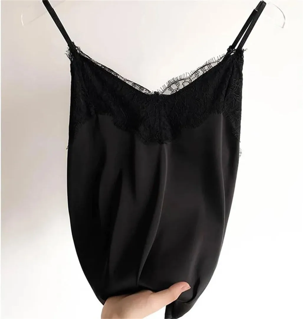 Summer Sexy Lace Camisole Women Silk V-Neck Tops Sleeveless Tank Tops Female Slim Soft Satin Basic Tops
