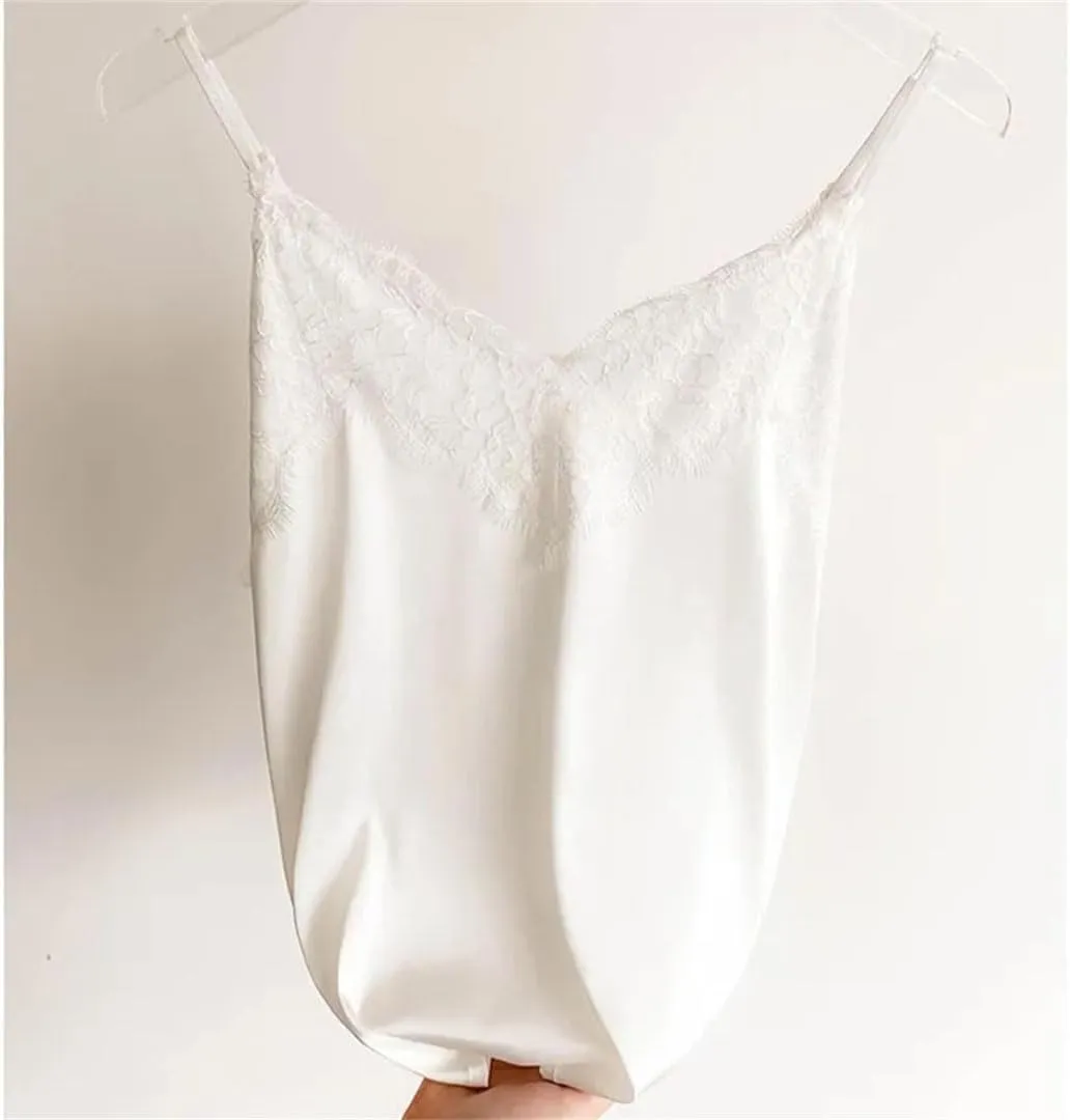 Summer Sexy Lace Camisole Women Silk V-Neck Tops Sleeveless Tank Tops Female Slim Soft Satin Basic Tops