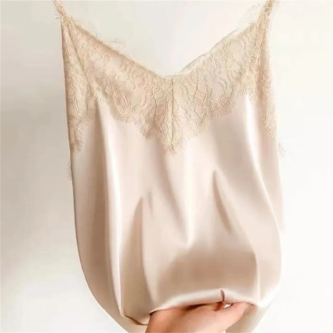Summer Sexy Lace Camisole Women Silk V-Neck Tops Sleeveless Tank Tops Female Slim Soft Satin Basic Tops