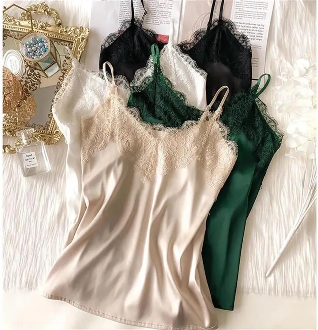 Summer Sexy Lace Camisole Women Silk V-Neck Tops Sleeveless Tank Tops Female Slim Soft Satin Basic Tops