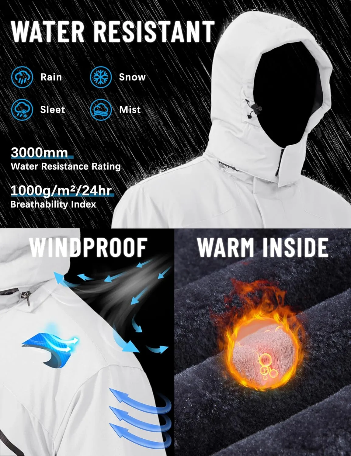 TACVASEN Men's Winter Skiing Jackets Water Resistant Fleece Coats Insulated Thermal Snowboard Jacket Parka Raincoat with Hood