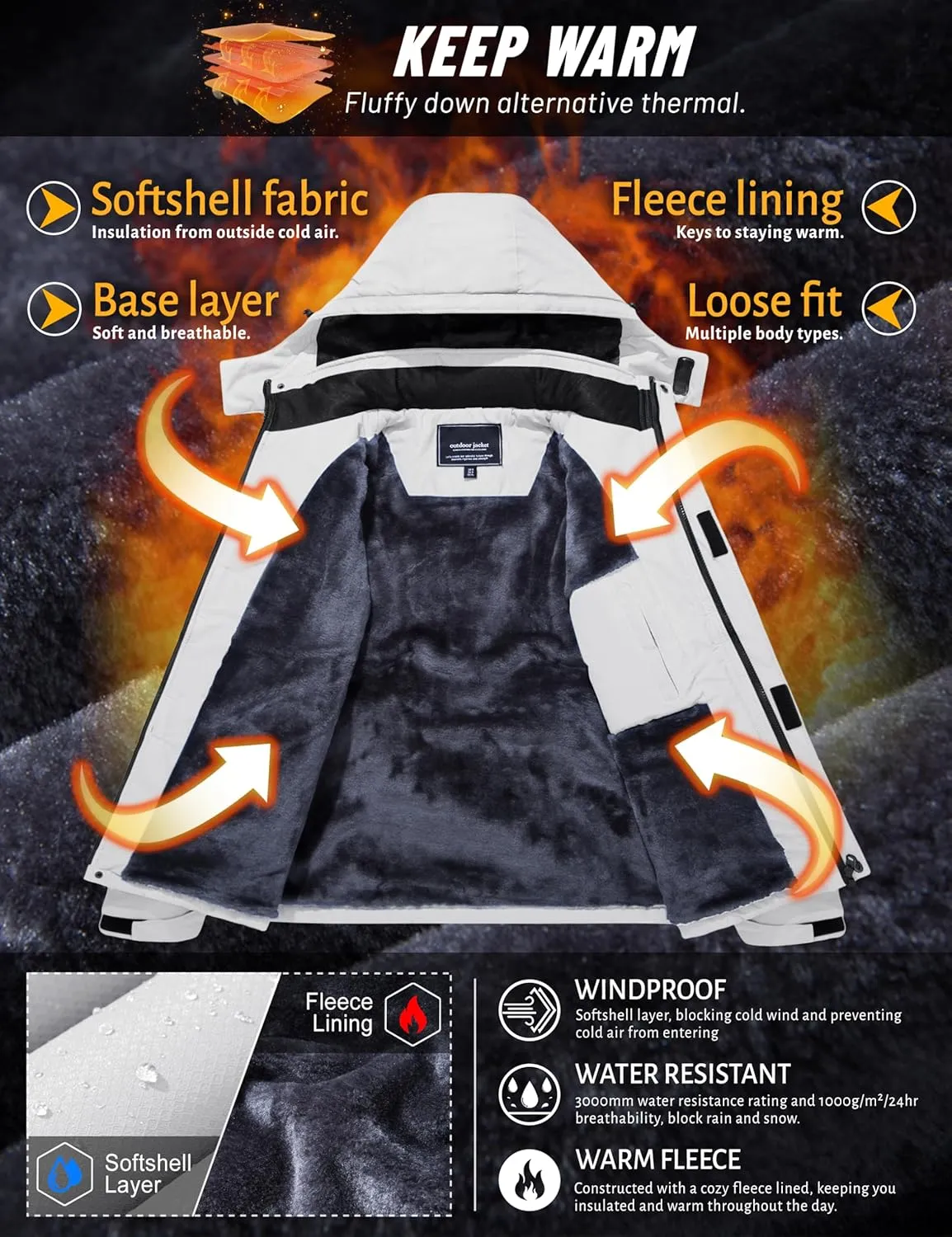 TACVASEN Men's Winter Skiing Jackets Water Resistant Fleece Coats Insulated Thermal Snowboard Jacket Parka Raincoat with Hood