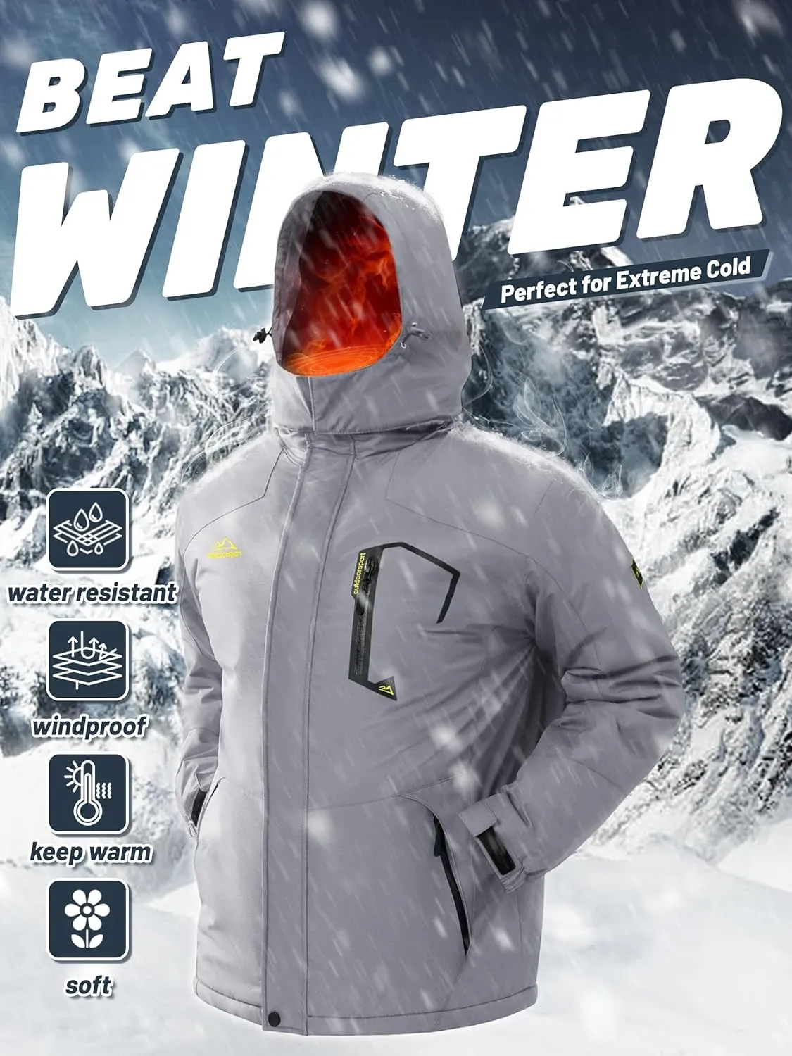 TACVASEN Men's Winter Skiing Jackets Water Resistant Fleece Coats Insulated Thermal Snowboard Jacket Parka Raincoat with Hood