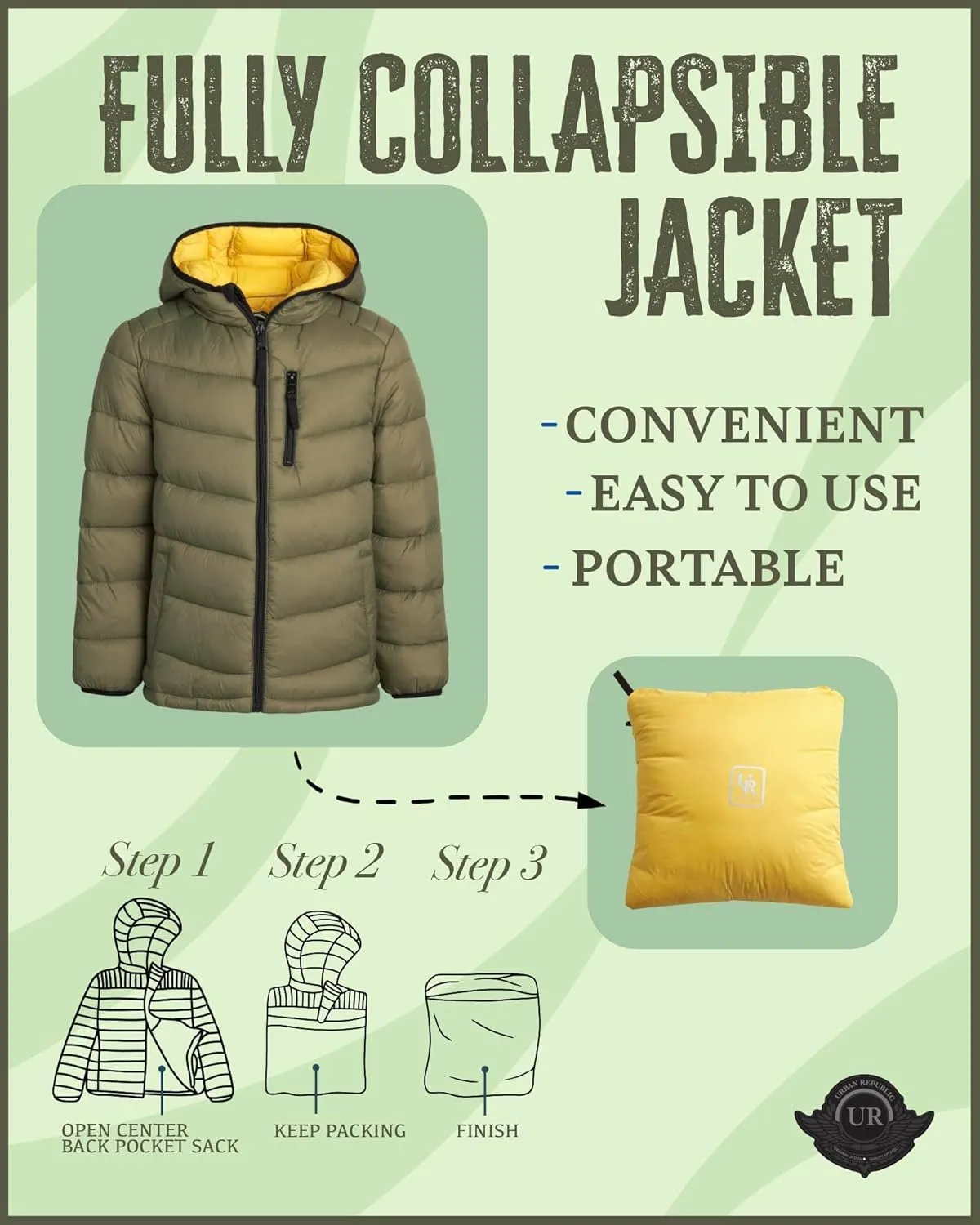 URBAN REPUBLIC Boys Puffer Jacket - Insulated Water Resistant Winter Bubble Coat for Boys with Packable Hood (Sizes: 4-20)
