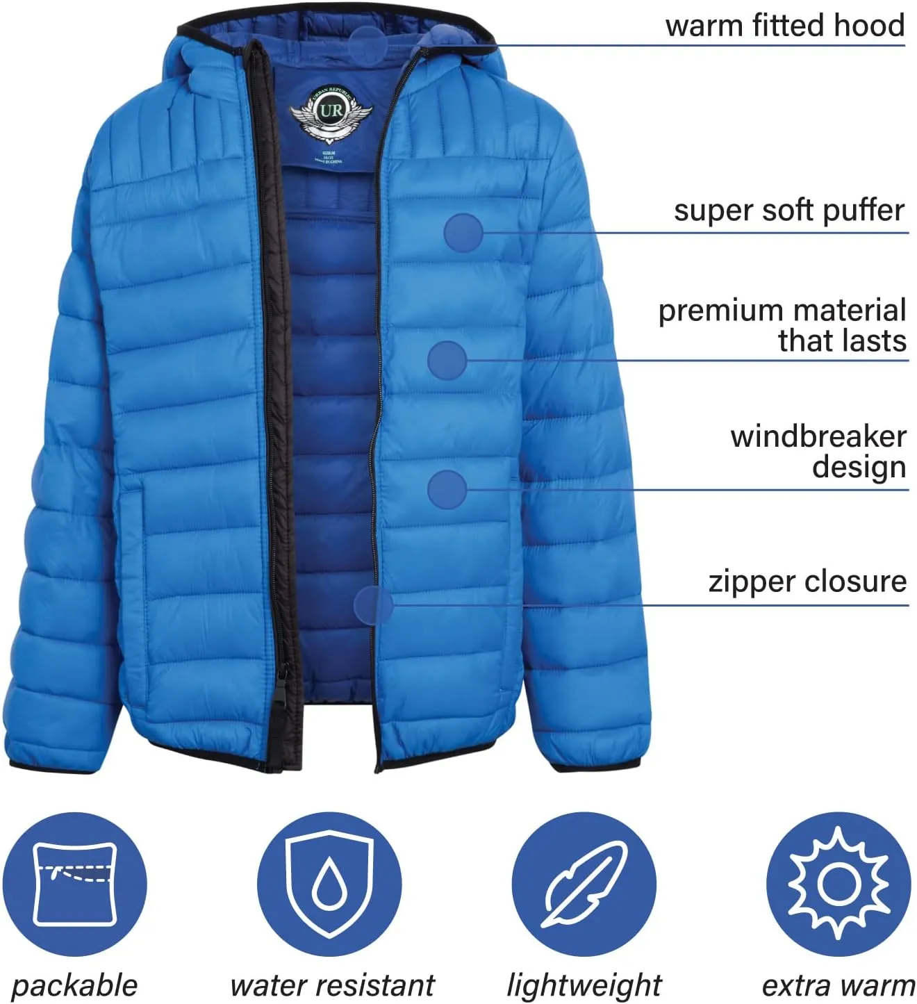 URBAN REPUBLIC Boys Puffer Jacket - Insulated Water Resistant Winter Bubble Coat for Boys with Packable Hood (Sizes: 4-20)