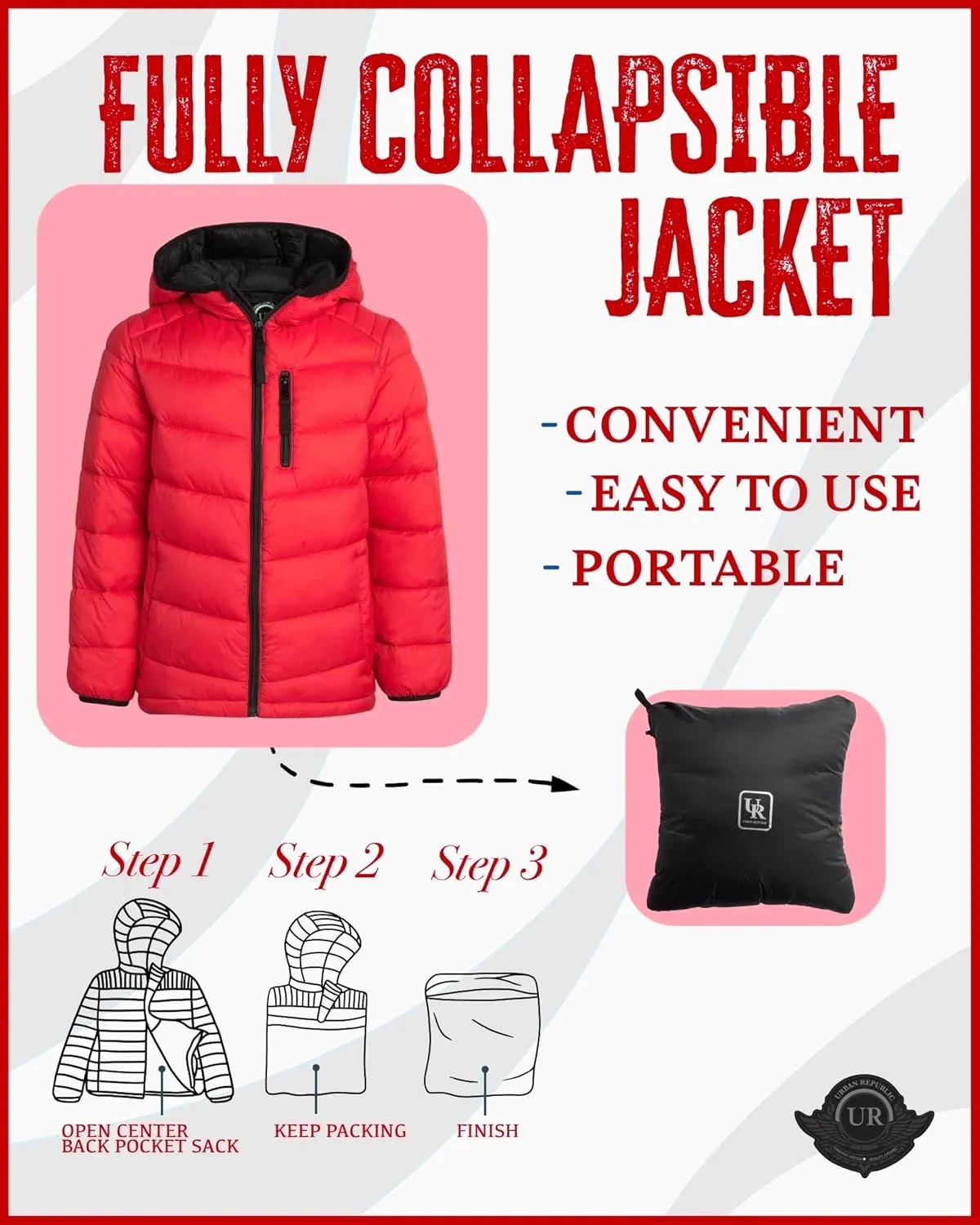 URBAN REPUBLIC Boys Puffer Jacket - Insulated Water Resistant Winter Bubble Coat for Boys with Packable Hood (Sizes: 4-20)