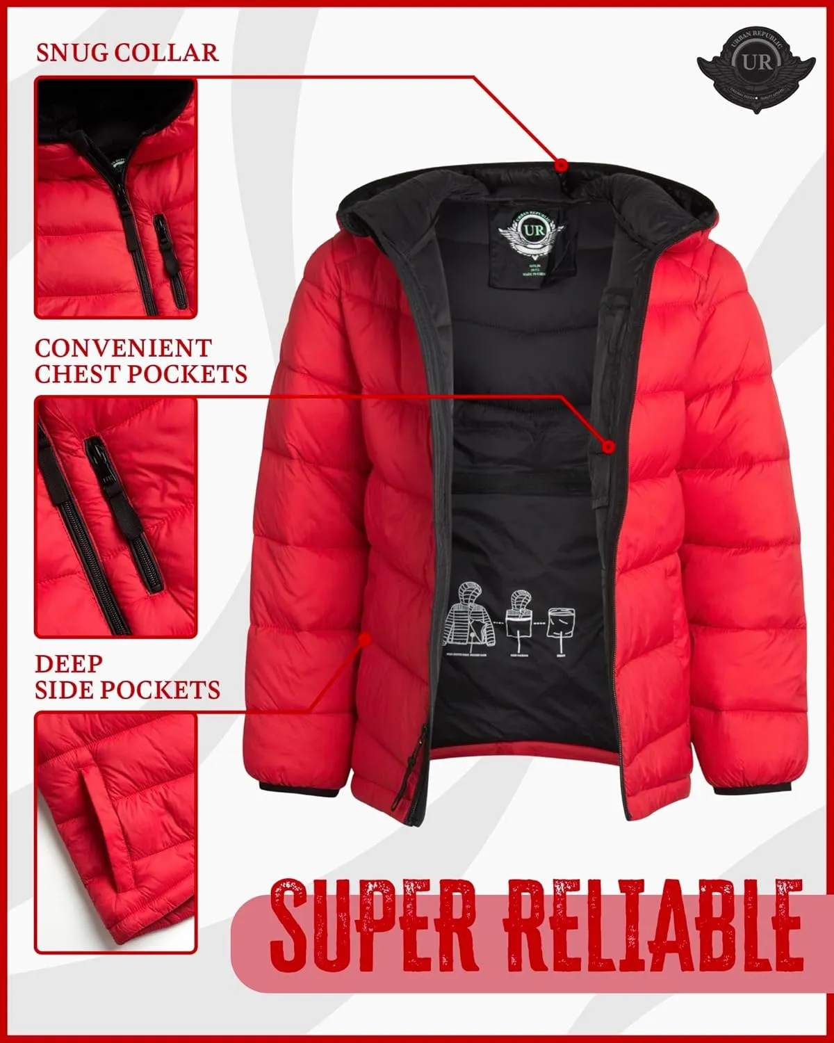 URBAN REPUBLIC Boys Puffer Jacket - Insulated Water Resistant Winter Bubble Coat for Boys with Packable Hood (Sizes: 4-20)