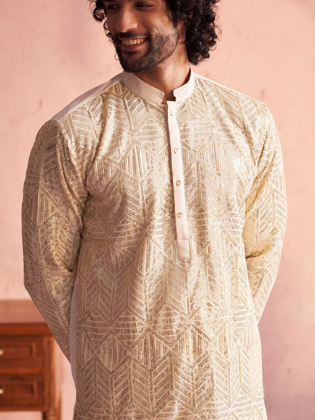 VASTRAMAY Men's Cream Georgette Kurta Set