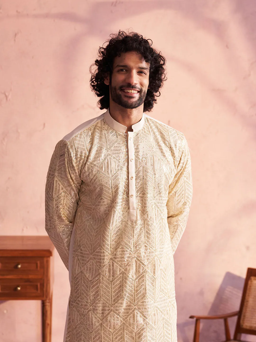 VASTRAMAY Men's Cream Georgette Kurta Set